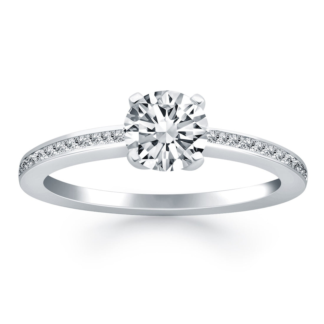 Anillo de compromiso clásico de oro blanco de 14 k con banda de diamantes pavé