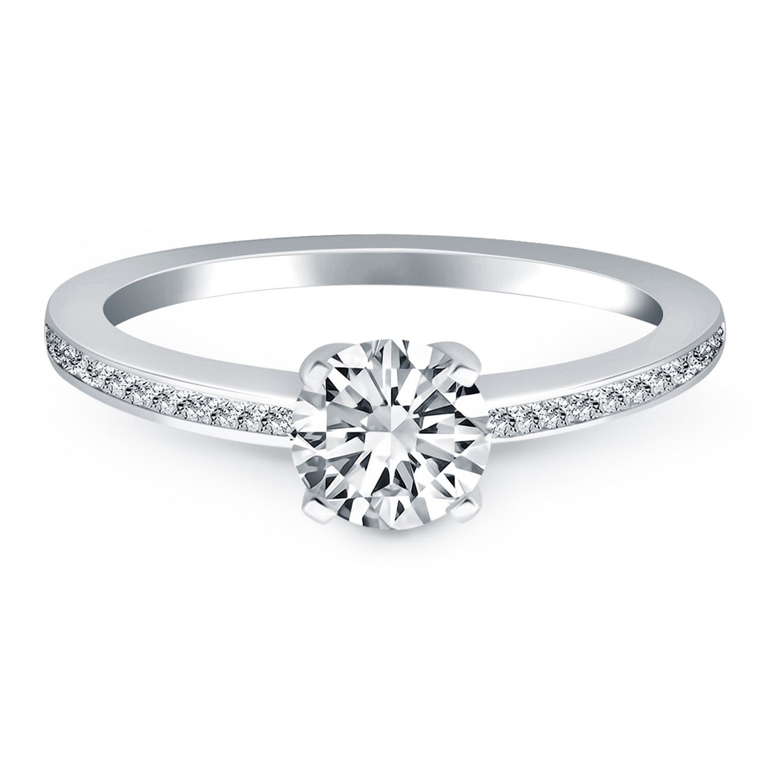 Anillo de compromiso clásico de oro blanco de 14 k con banda de diamantes pavé