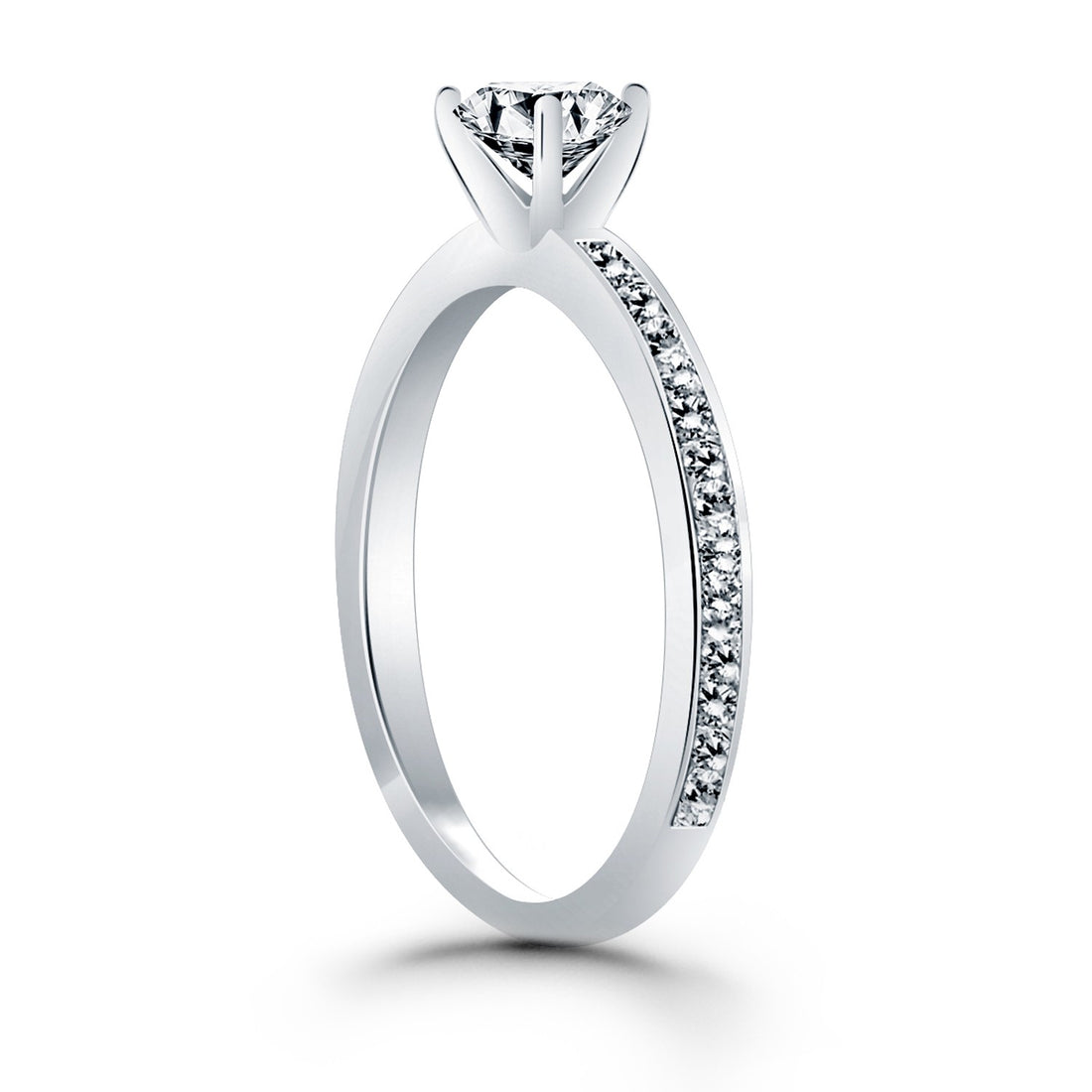 Anillo de compromiso clásico de oro blanco de 14 k con banda de diamantes pavé