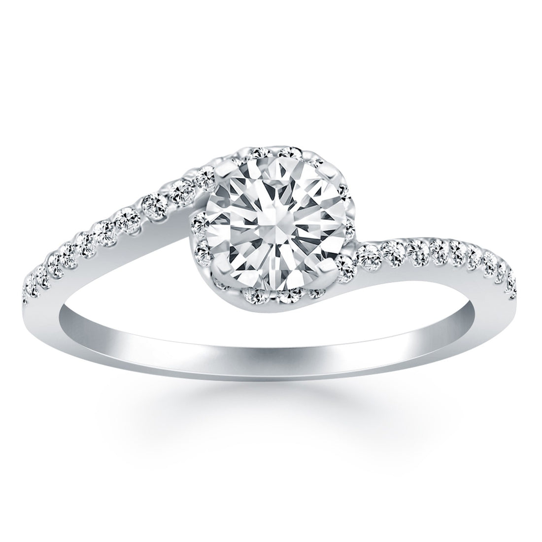 Anillo de compromiso de oro blanco de 14 k con halo de diamantes y remolino de derivación