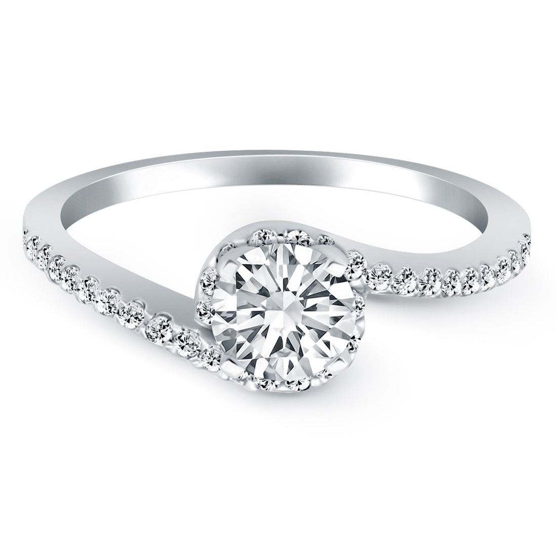 Anillo de compromiso de oro blanco de 14 k con halo de diamantes y remolino de derivación