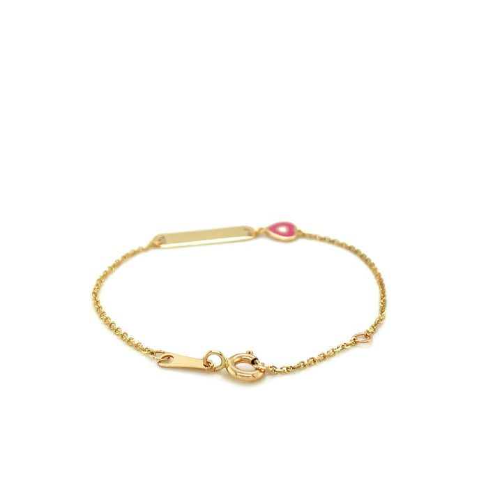 Pulsera de identificación infantil de oro amarillo de 14 k de 5 1/2 pulgadas con corazón esmaltado (1,00 mm)