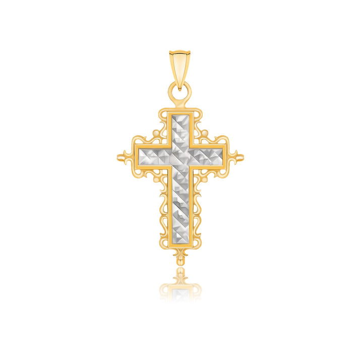 Colgante de cruz de inspiración barroca y corte de diamante en oro de dos tonos de 14 k
