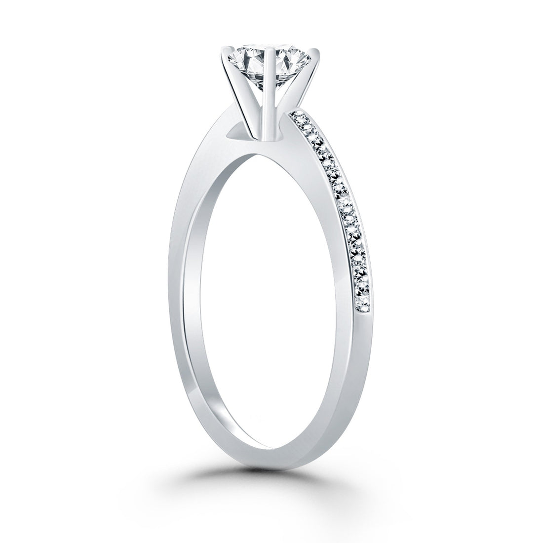 Anillo de compromiso estilo catedral en oro blanco de 14 k con engaste de canal