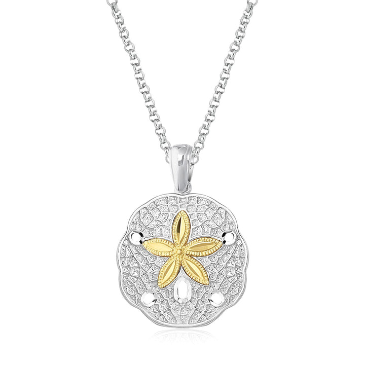 Colgante de dólar de arena de diseño en plata de ley y oro amarillo de 14 k