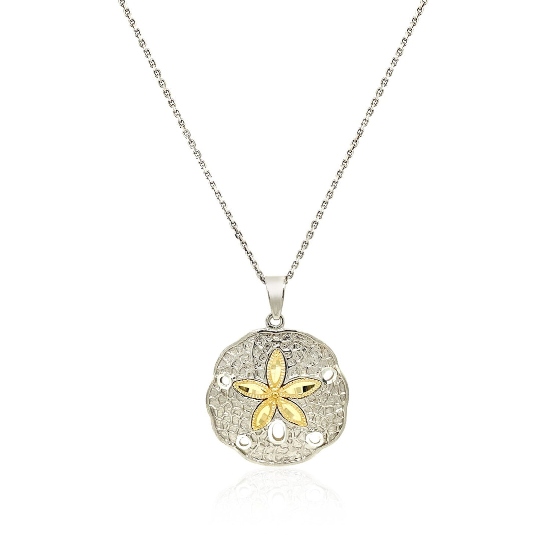 Colgante de dólar de arena de diseño en plata de ley y oro amarillo de 14 k