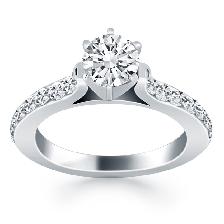 Anillo de compromiso de oro blanco de 14 k con cuerpo curvo y diamantes pavé