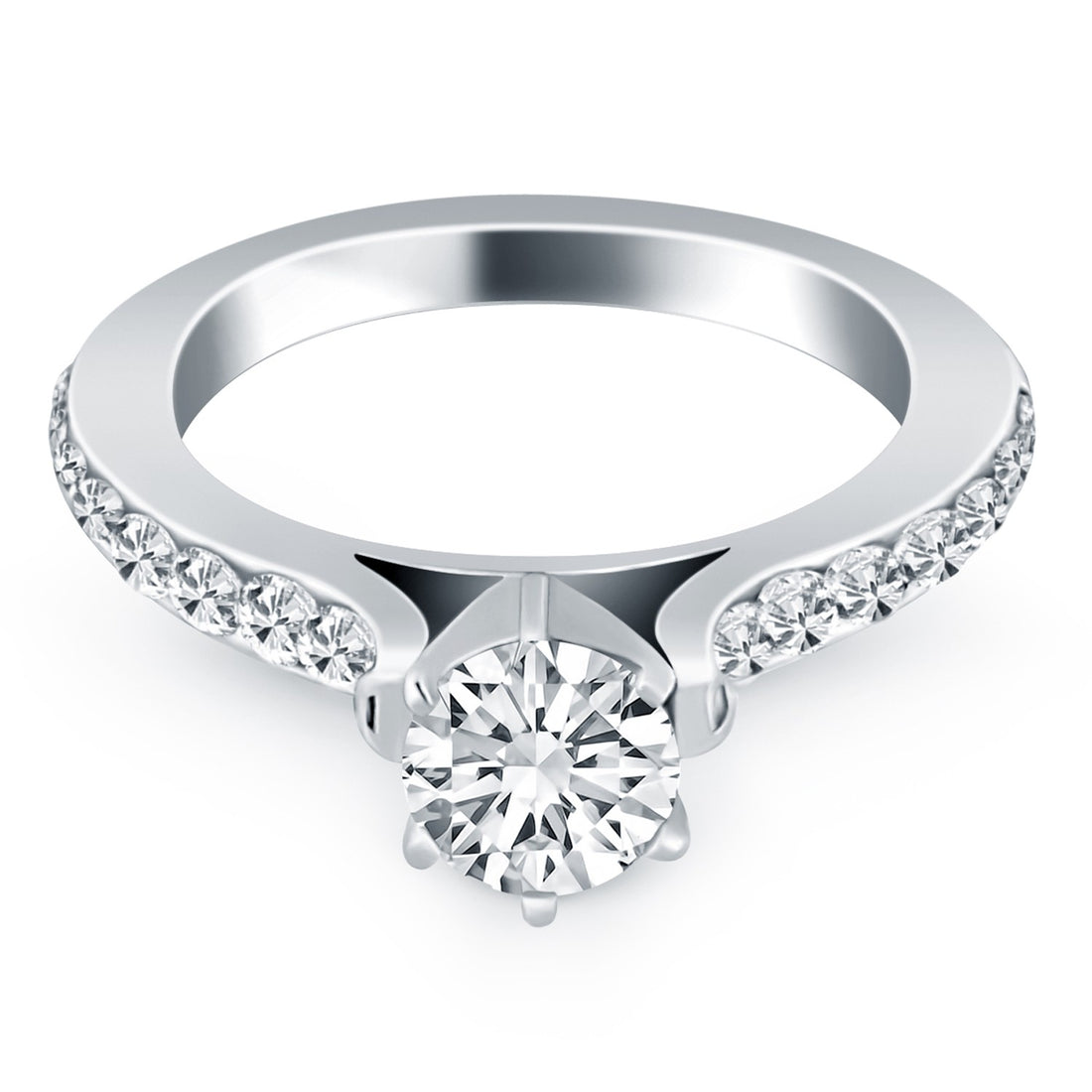 Anillo de compromiso de oro blanco de 14 k con cuerpo curvo y diamantes pavé