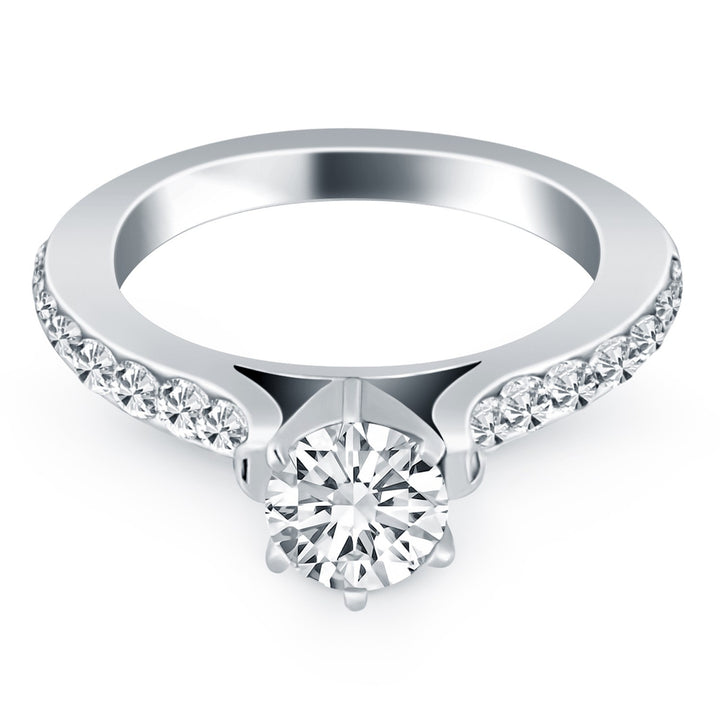 Anillo de compromiso de oro blanco de 14 k con cuerpo curvo y diamantes pavé