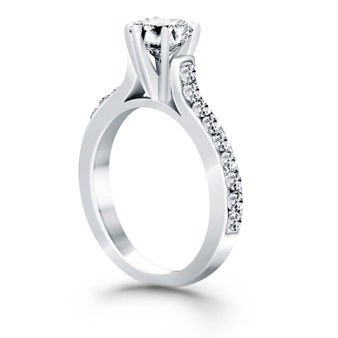 Anillo de compromiso de oro blanco de 14 k con cuerpo curvo y diamantes pavé