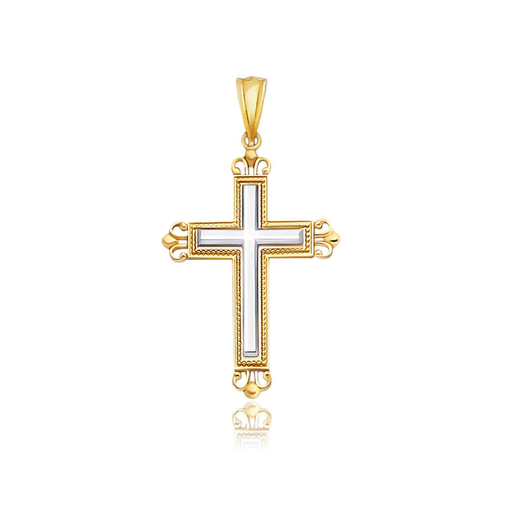 Colgante de cruz de oro de dos tonos de 14 k con un estilo adornado en forma de capullo