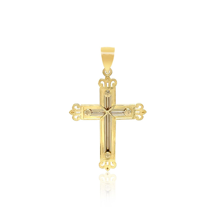 Colgante de cruz de oro de dos tonos de 14 k con un estilo adornado en forma de capullo