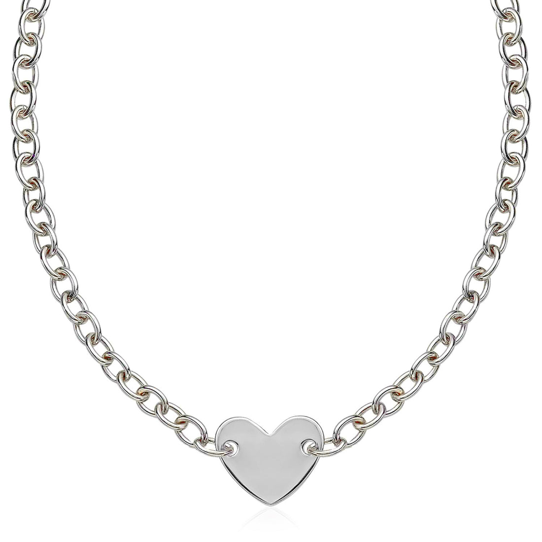 Sterling Silver Rhodium Plated Chain Bracelet with a Flat Heart Motif Station
