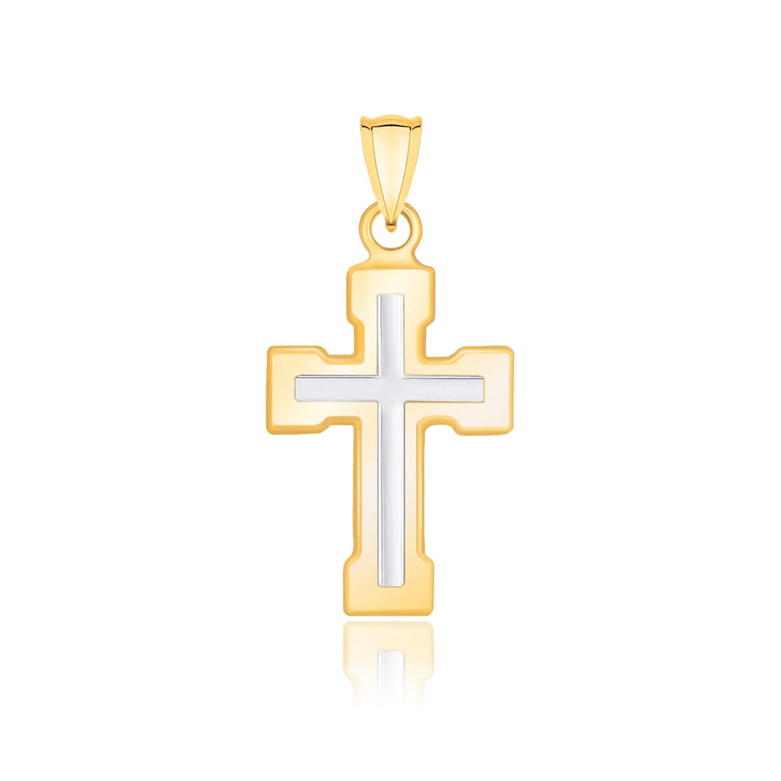 Colgante de oro de dos tonos de 14 k con diseño de cruz doble y extremos en forma de bloque