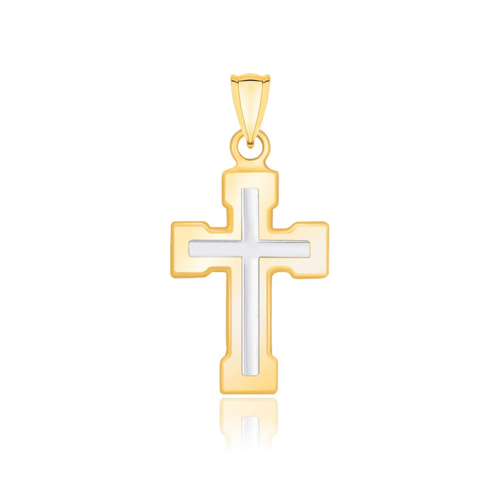 Colgante de oro de dos tonos de 14 k con diseño de cruz doble y extremos en forma de bloque
