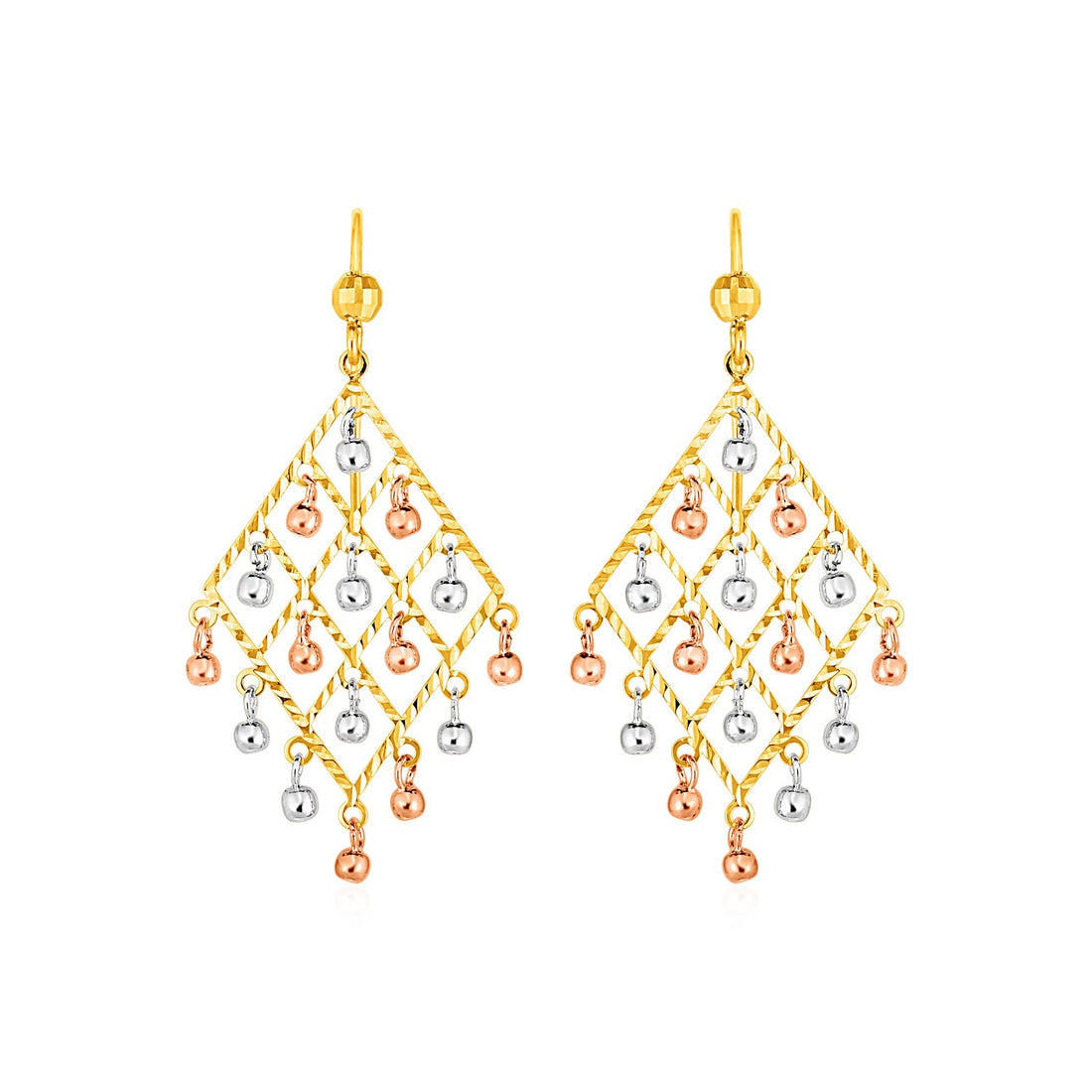 Textured Chandelier Earrings with Ball Drops in 14k Tri Color Gold