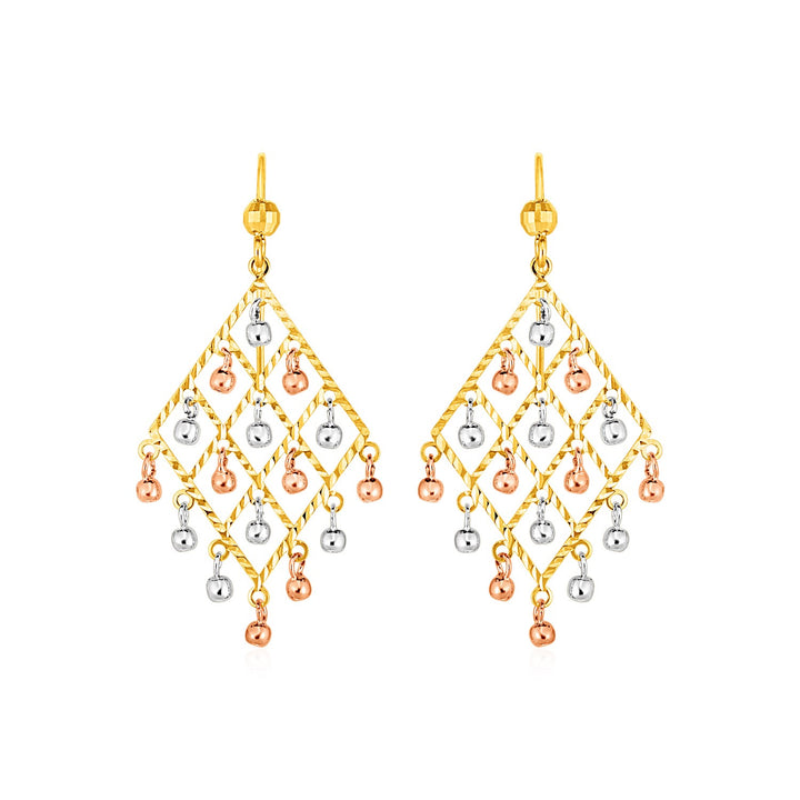 Textured Chandelier Earrings with Ball Drops in 14k Tri Color Gold