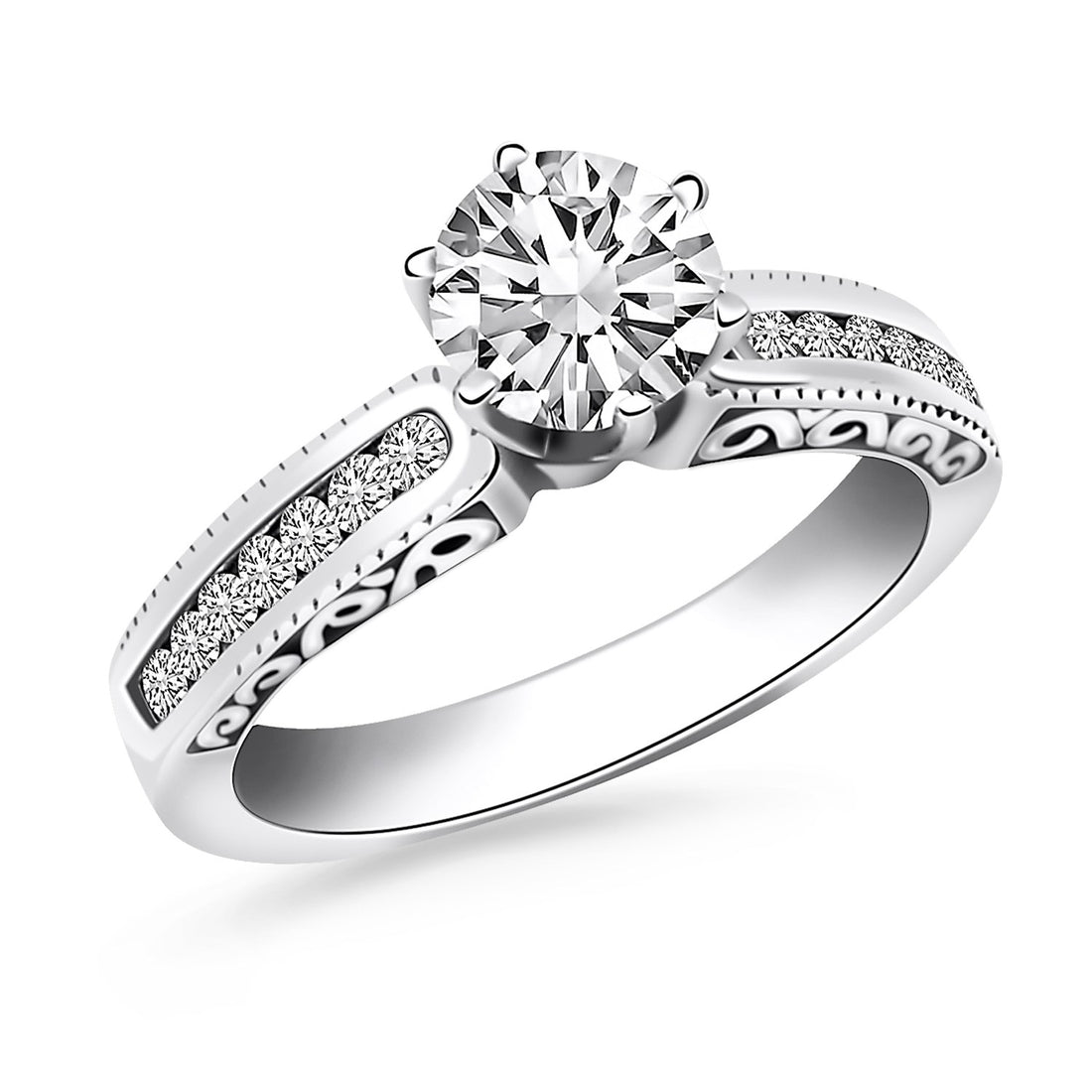 Anillo de compromiso de oro blanco de 14 k con engaste de canal y laterales grabados