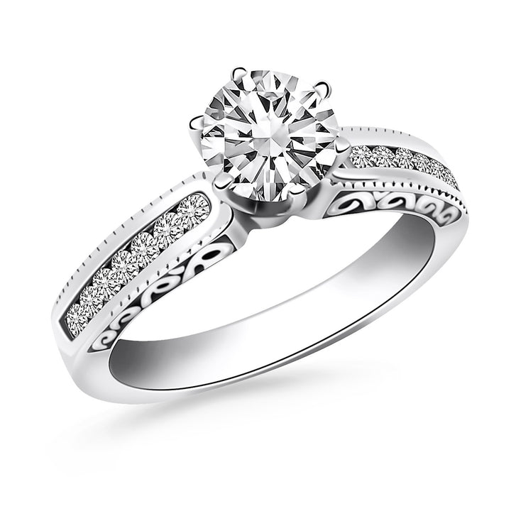 Anillo de compromiso de oro blanco de 14 k con engaste de canal y laterales grabados