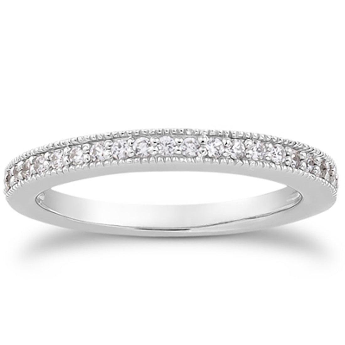 Anillo de bodas de oro blanco de 14 k con diamantes pavé y milgrain, engastado en 1/2 circunferencia