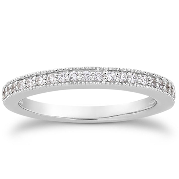 Anillo de bodas de oro blanco de 14 k con diamantes pavé y milgrain, engastado en 1/2 circunferencia