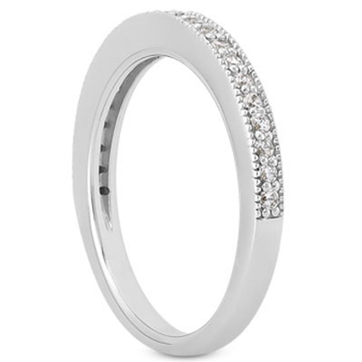 Anillo de bodas de oro blanco de 14 k con diamantes pavé y milgrain, engastado en 1/2 circunferencia