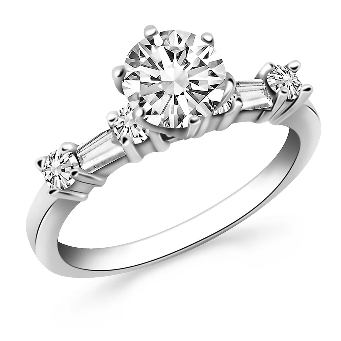 Anillo de compromiso de oro blanco de 14 k con diamantes redondos y baguette