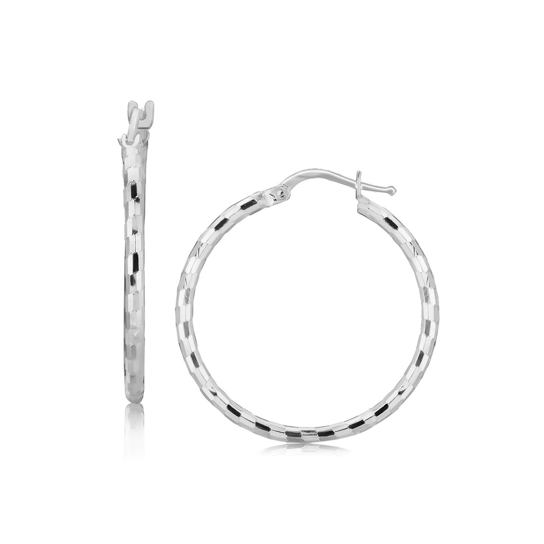 Pendientes de aro de plata de ley con corte de diamante y baño de rodio (2 x 26 mm)