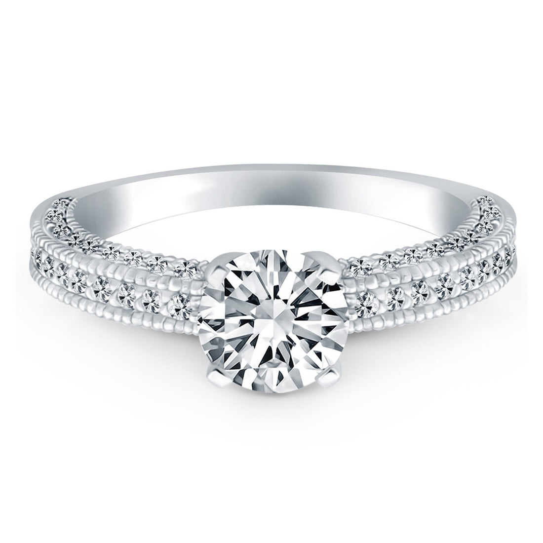 Anillo de compromiso de oro blanco de 14 k con micropavé de diamantes y milgrain