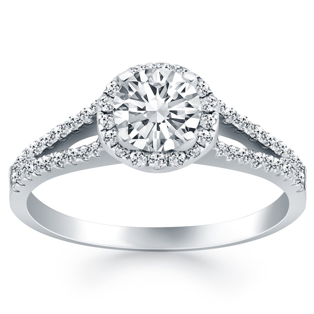Anillo de compromiso de oro blanco de 14 k con halo de diamantes y cuerpo dividido