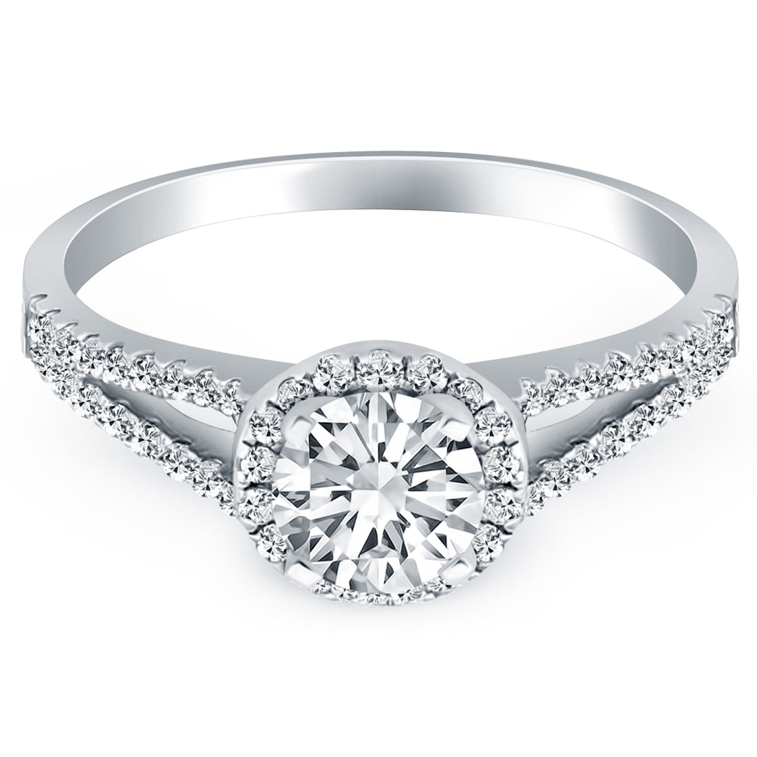 Anillo de compromiso de oro blanco de 14 k con halo de diamantes y cuerpo dividido