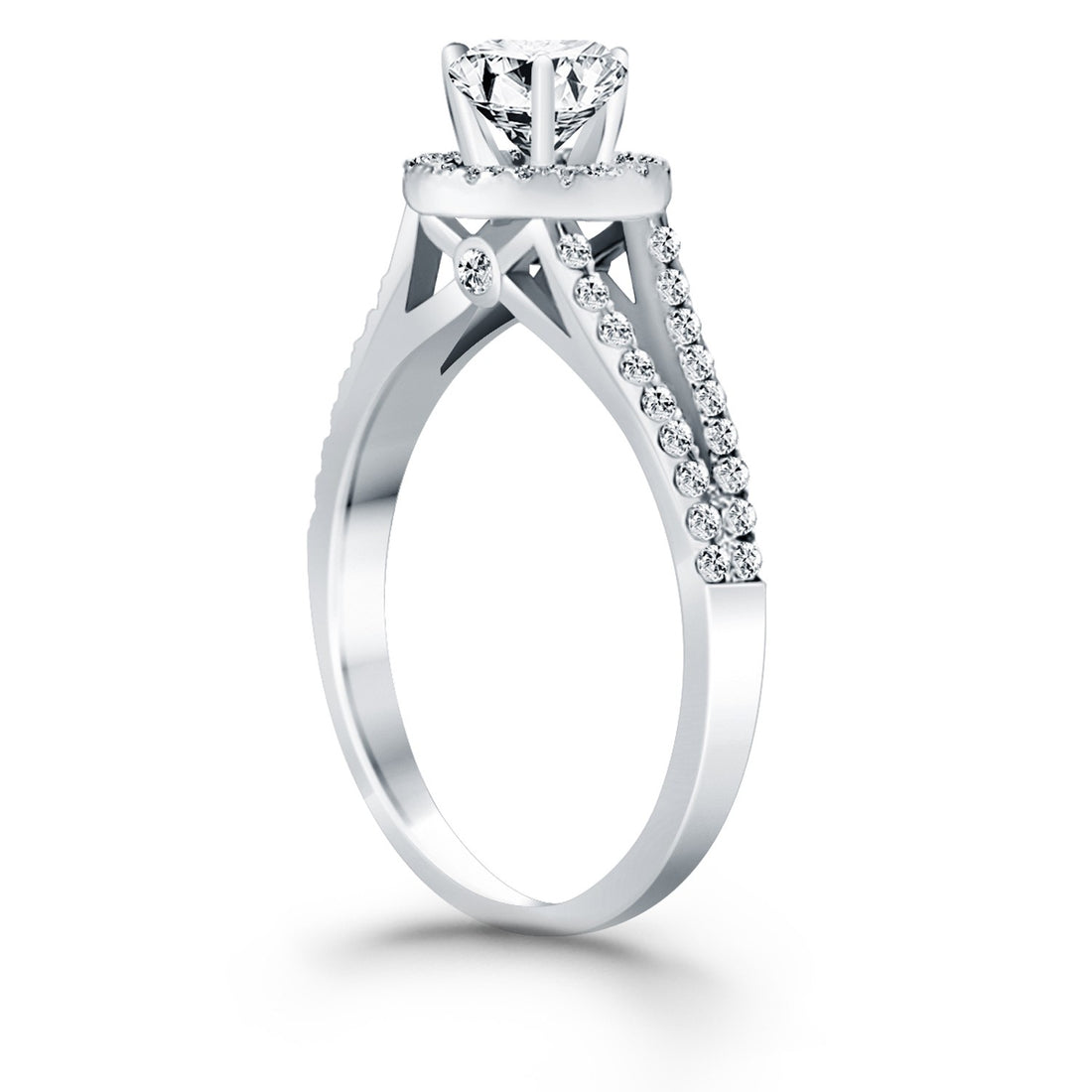 Anillo de compromiso de oro blanco de 14 k con halo de diamantes y cuerpo dividido