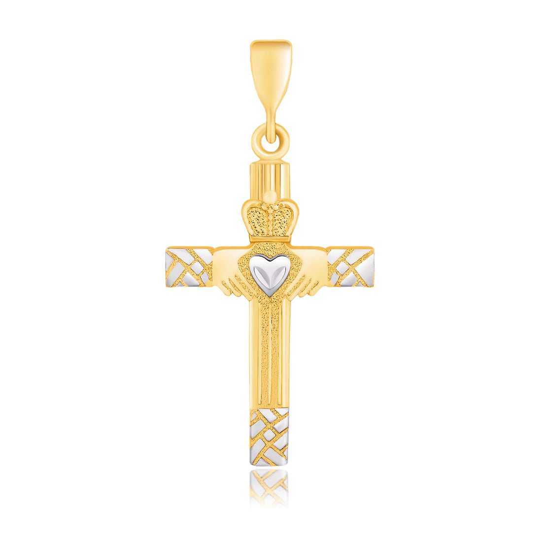 Colgante de cruz de oro bicolor de 14 k con motivo de Claddagh
