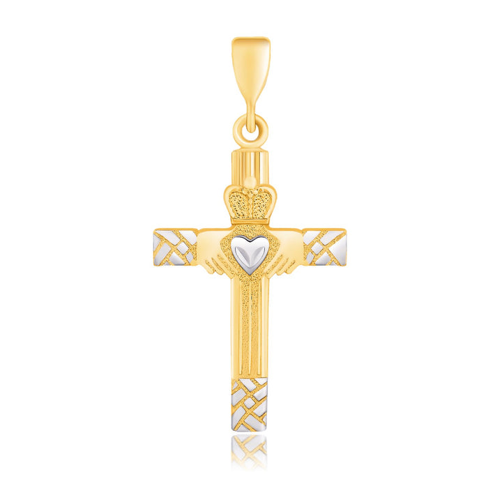 Colgante de cruz de oro bicolor de 14 k con motivo de Claddagh