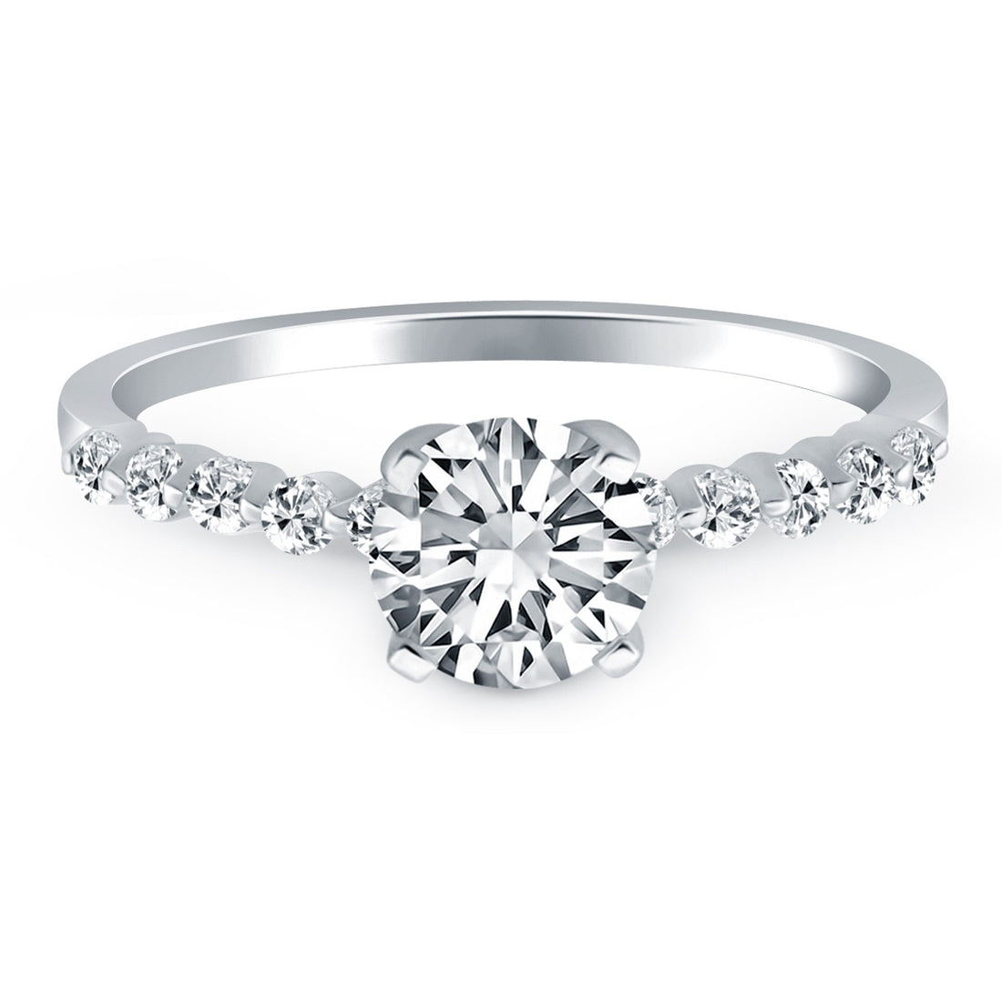 Anillo de compromiso de oro blanco de 14 k con diamantes y detalles de diamantes en garras compartidas