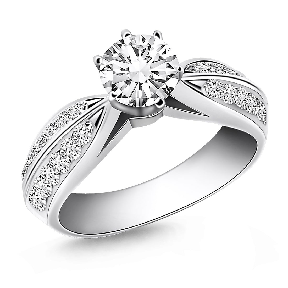 Anillo de compromiso de oro blanco de 14 k con doble fila de diamantes pavé y diseño de catedral