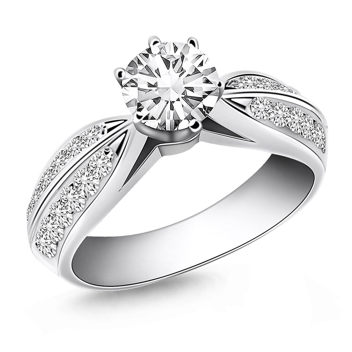 Anillo de compromiso de oro blanco de 14 k con doble fila de diamantes pavé y diseño de catedral