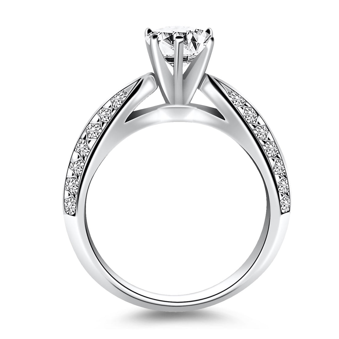 Anillo de compromiso de oro blanco de 14 k con doble fila de diamantes pavé y diseño de catedral