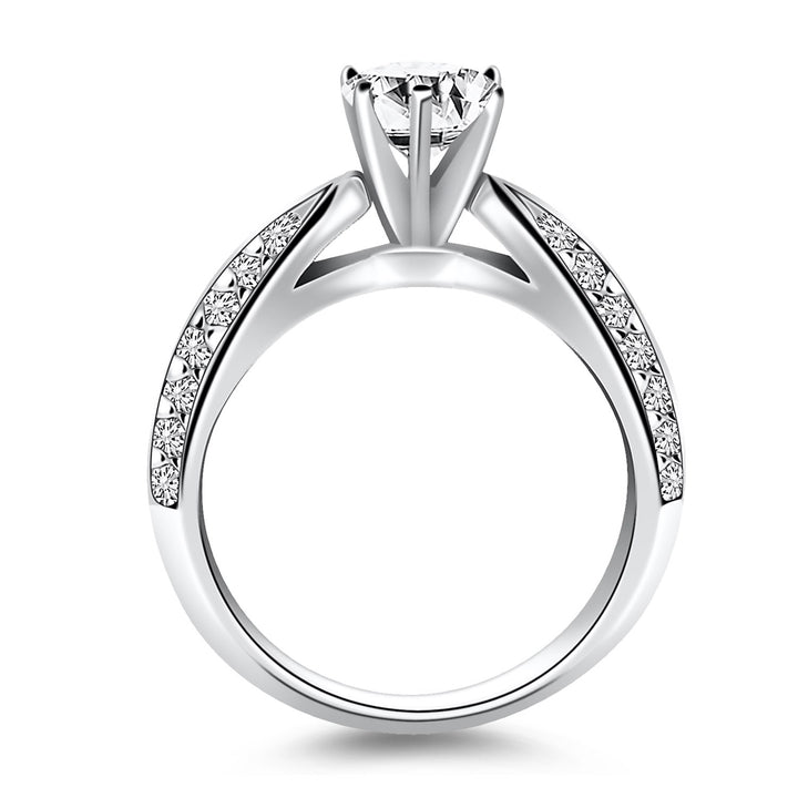Anillo de compromiso de oro blanco de 14 k con doble fila de diamantes pavé y diseño de catedral