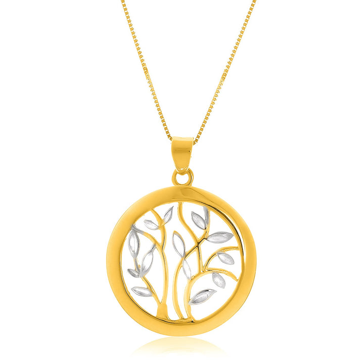 Colgante de oro de dos tonos de 14 k con diseño de árbol redondo abierto
