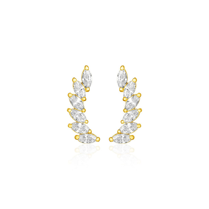 14k Yellow Gold Leaf Motif Climber Post Earrings with Marquise Cubic Zirconias