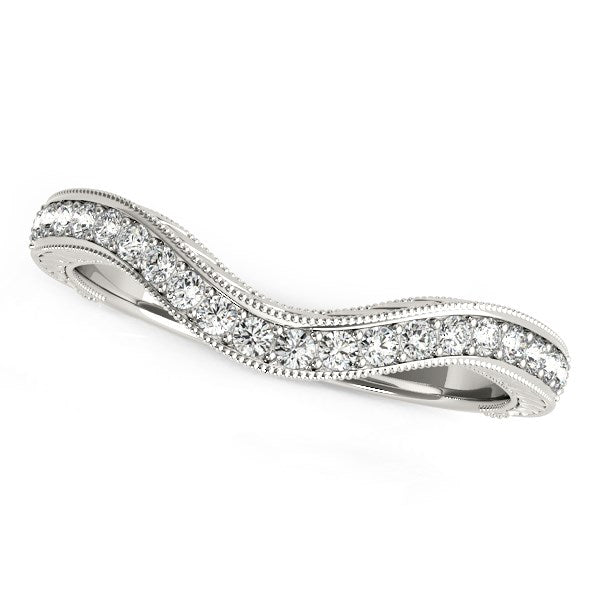 Anillo de bodas de oro blanco de 14 k con diamantes curvos y estilo barroco milgrainado (1/6 ct)