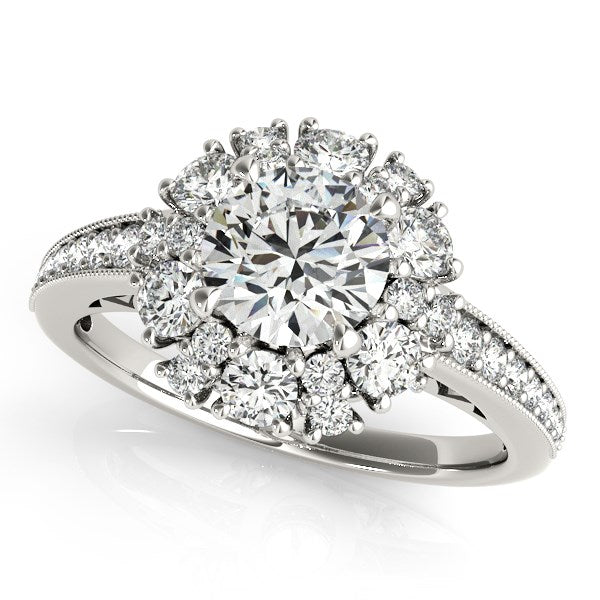 Anillo de compromiso de oro blanco de 14 k con halo de diamantes redondos de estilo antiguo (2 cts)