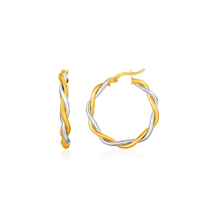Aros redondos de alambre trenzado de dos tonos en oro amarillo y blanco de 10 k (3 x 15 mm)