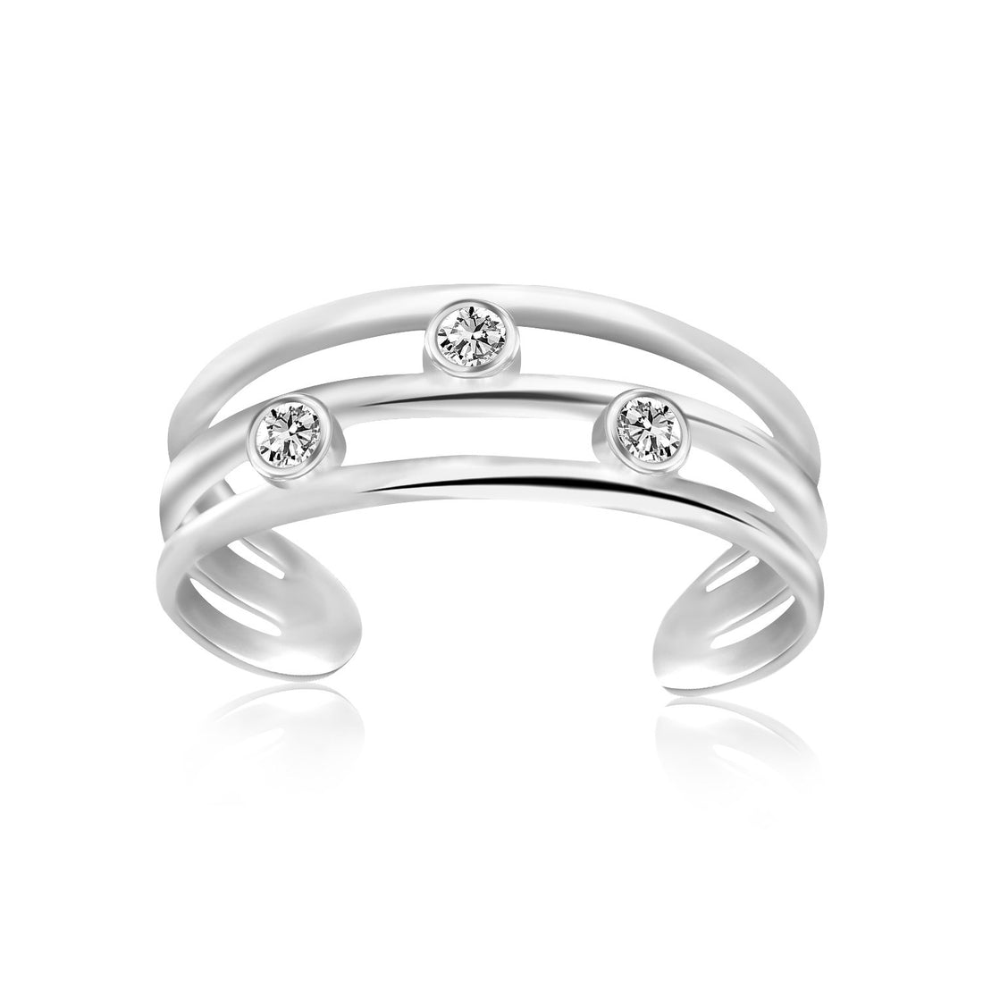 Anillo para el dedo del pie con circonita cúbica y motivo abierto de triple línea en plata de ley rodiada