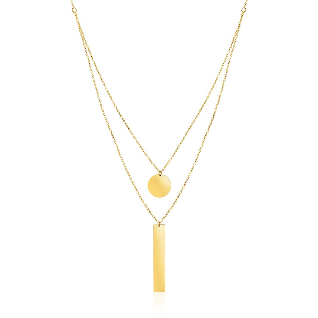 14k Yellow Gold 18 inch Two Strand Necklace with Circle and Bar Pendants