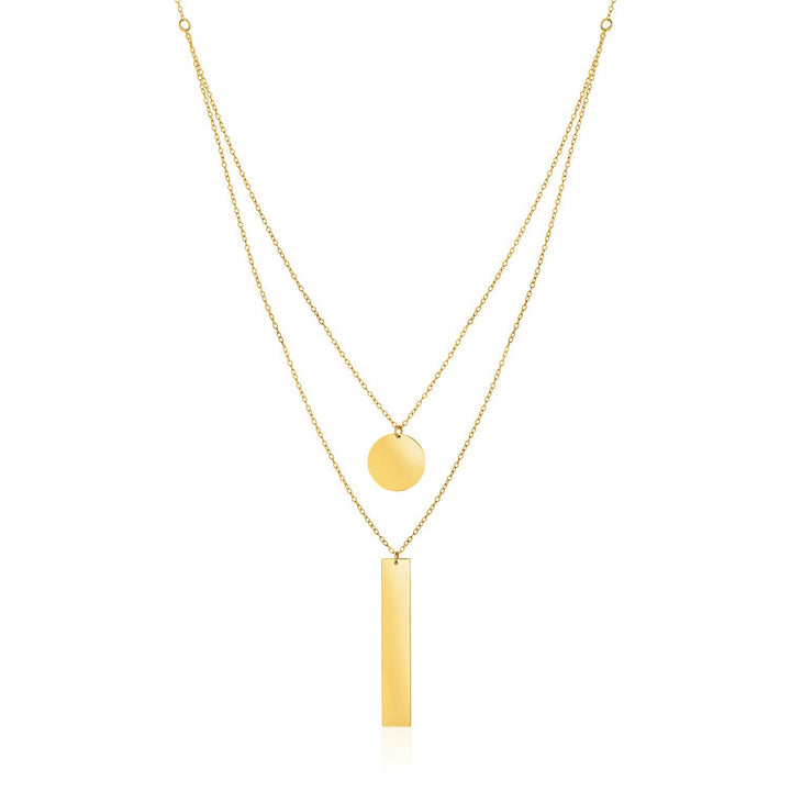 14k Yellow Gold 18 inch Two Strand Necklace with Circle and Bar Pendants