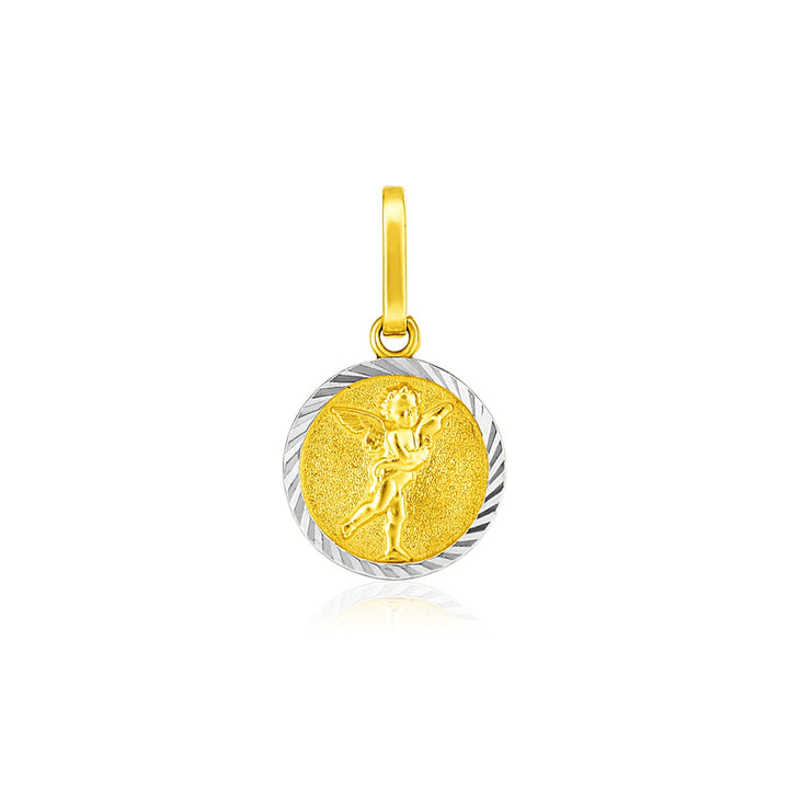 Colgante de medalla religiosa redonda pequeña texturizada en oro de dos tonos de 14 k