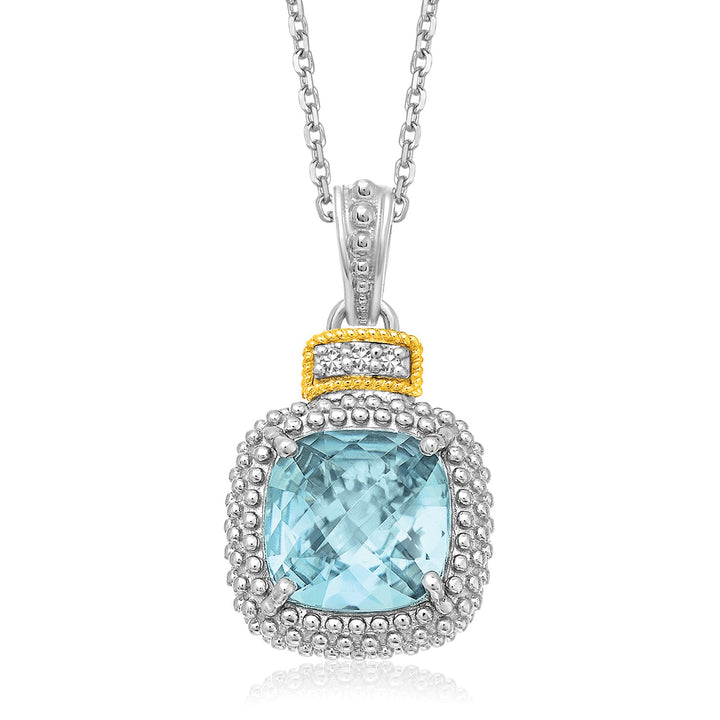 Colgante de topacio azul cielo y diamantes en forma de palomitas de maíz en oro amarillo de 18 quilates y plata de ley.