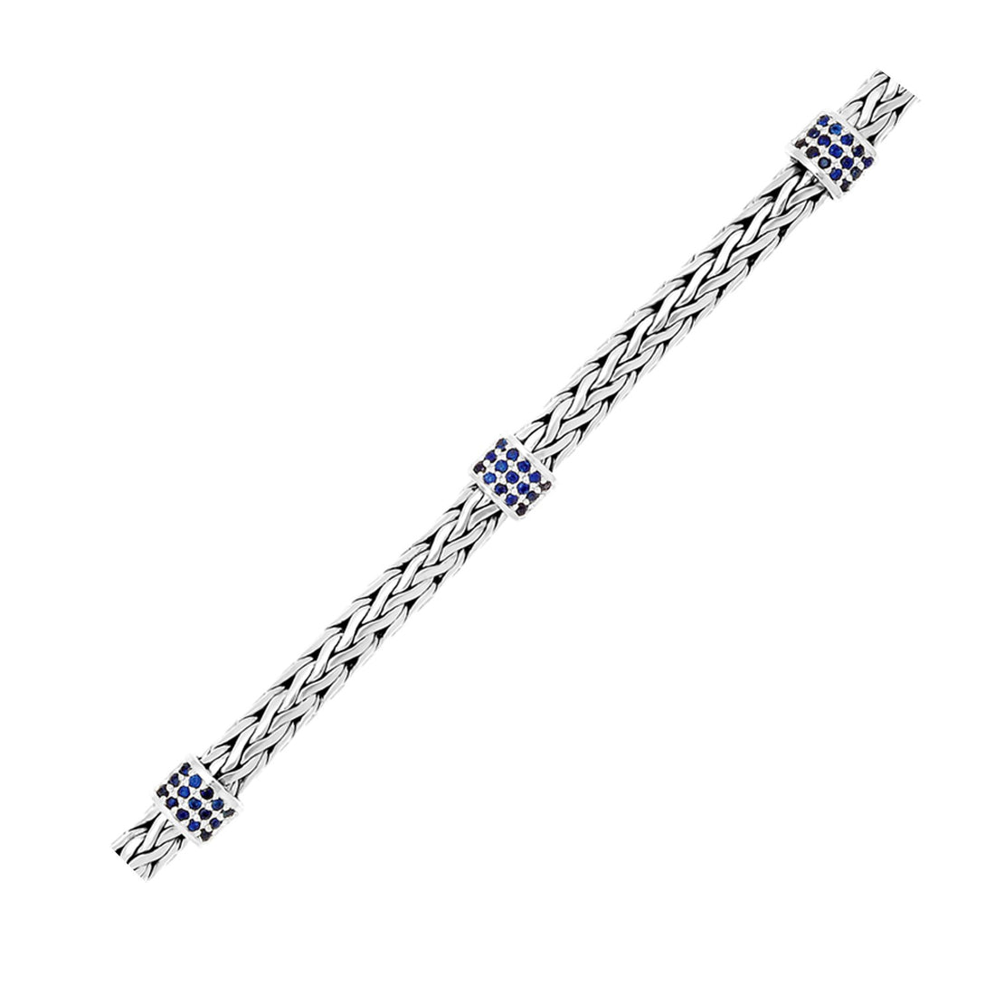 Pulsera tejida de plata de ley con estaciones de zafiro azul (6,35 mm)